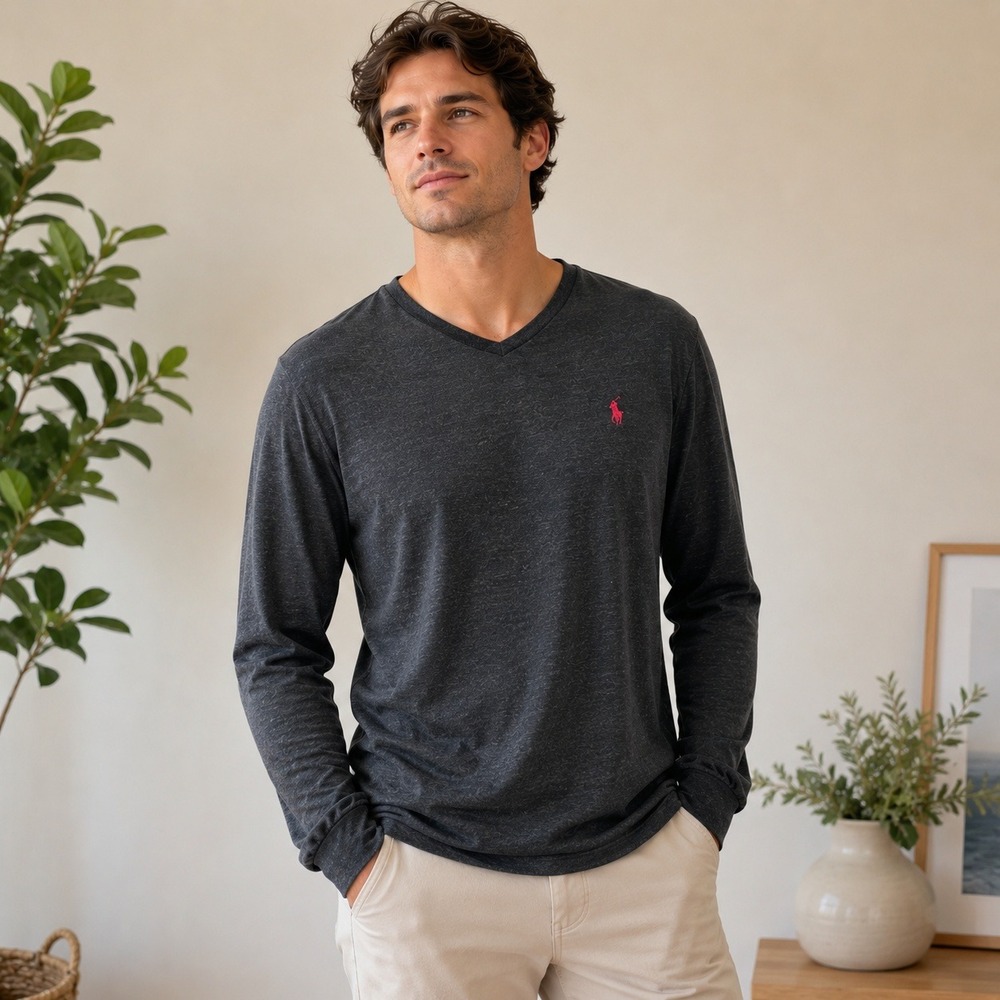 Polo‎ Ralph Lauren Mens V-Neck Long Sleeve T-Shirt Charcoal Gray Heather Size M